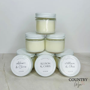 Personalized Wedding Candles - 2oz straight-sided jar stacked with label examples