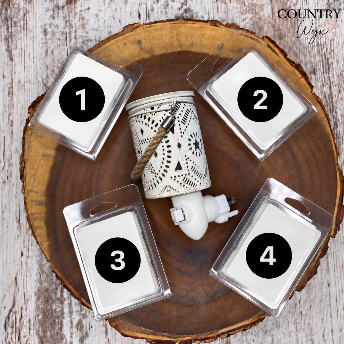 Lone Star pluggable wax warmer with four numbered Country Wyx wax melts