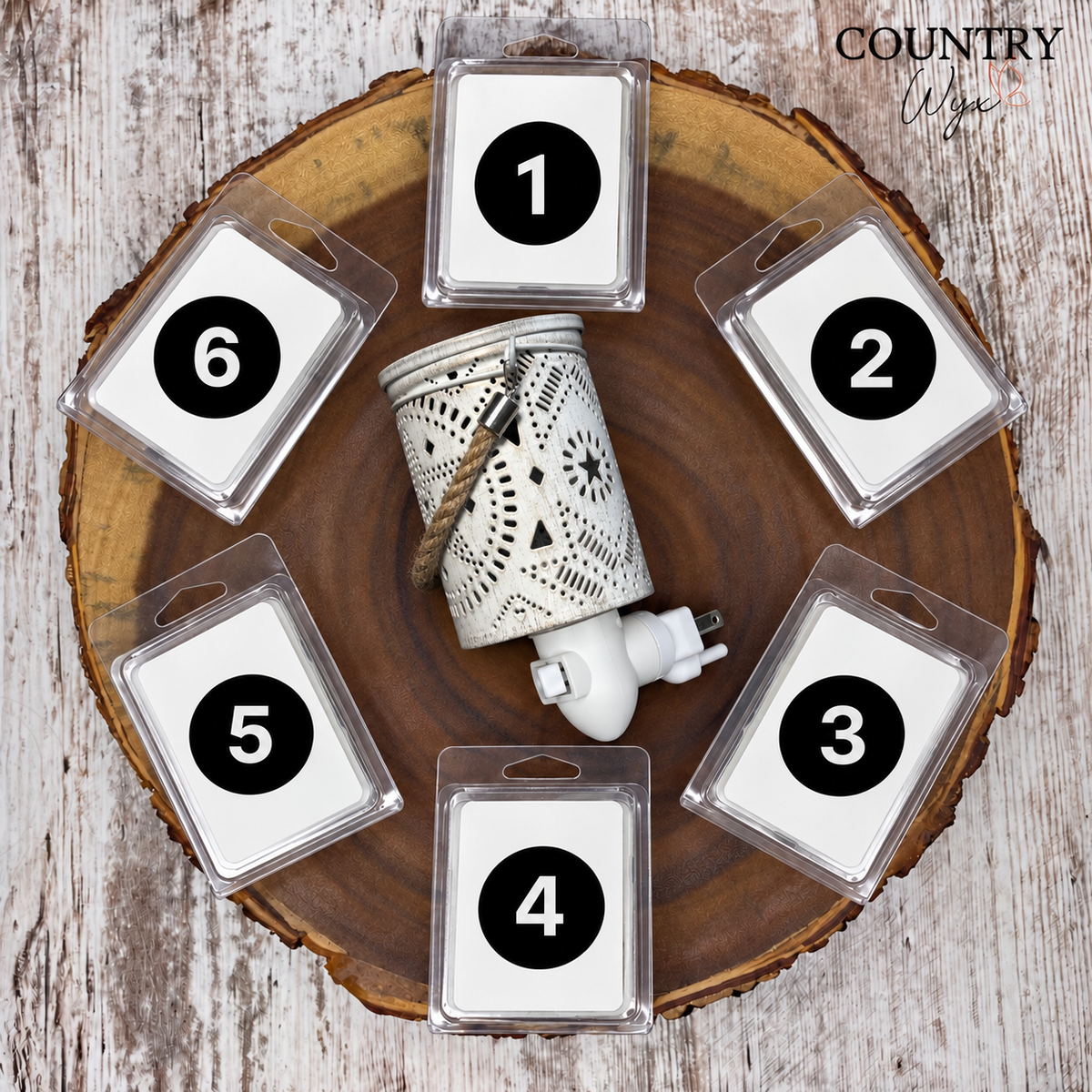 Lone Star pluggable wax warmer with six numbered Country Wyx wax melts