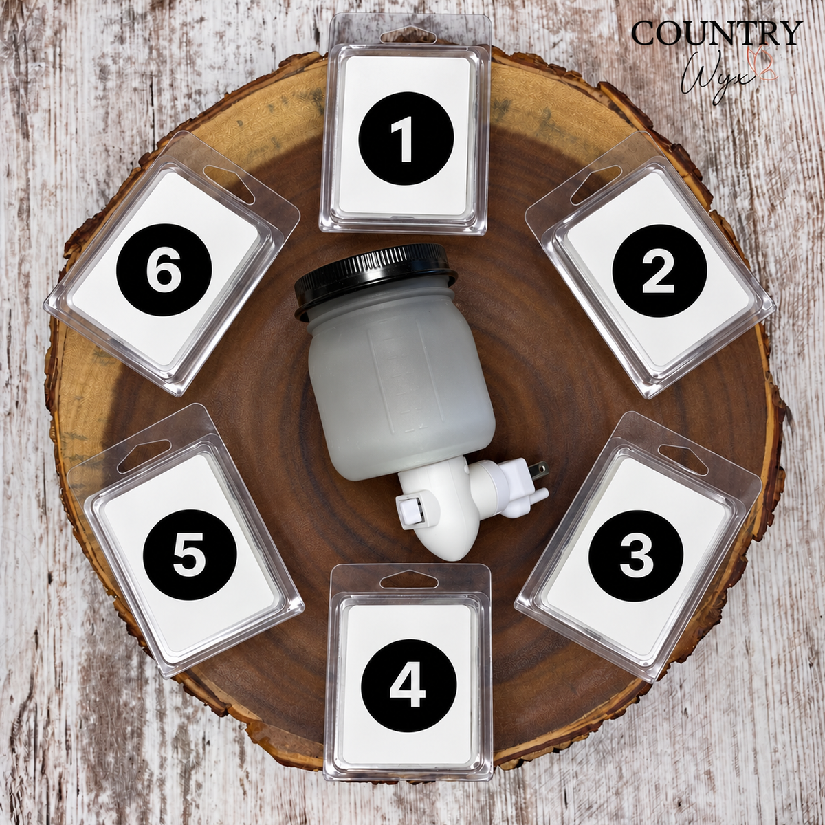 Mason jar pluggable wax warmer with six numbered Country Wyx wax melts