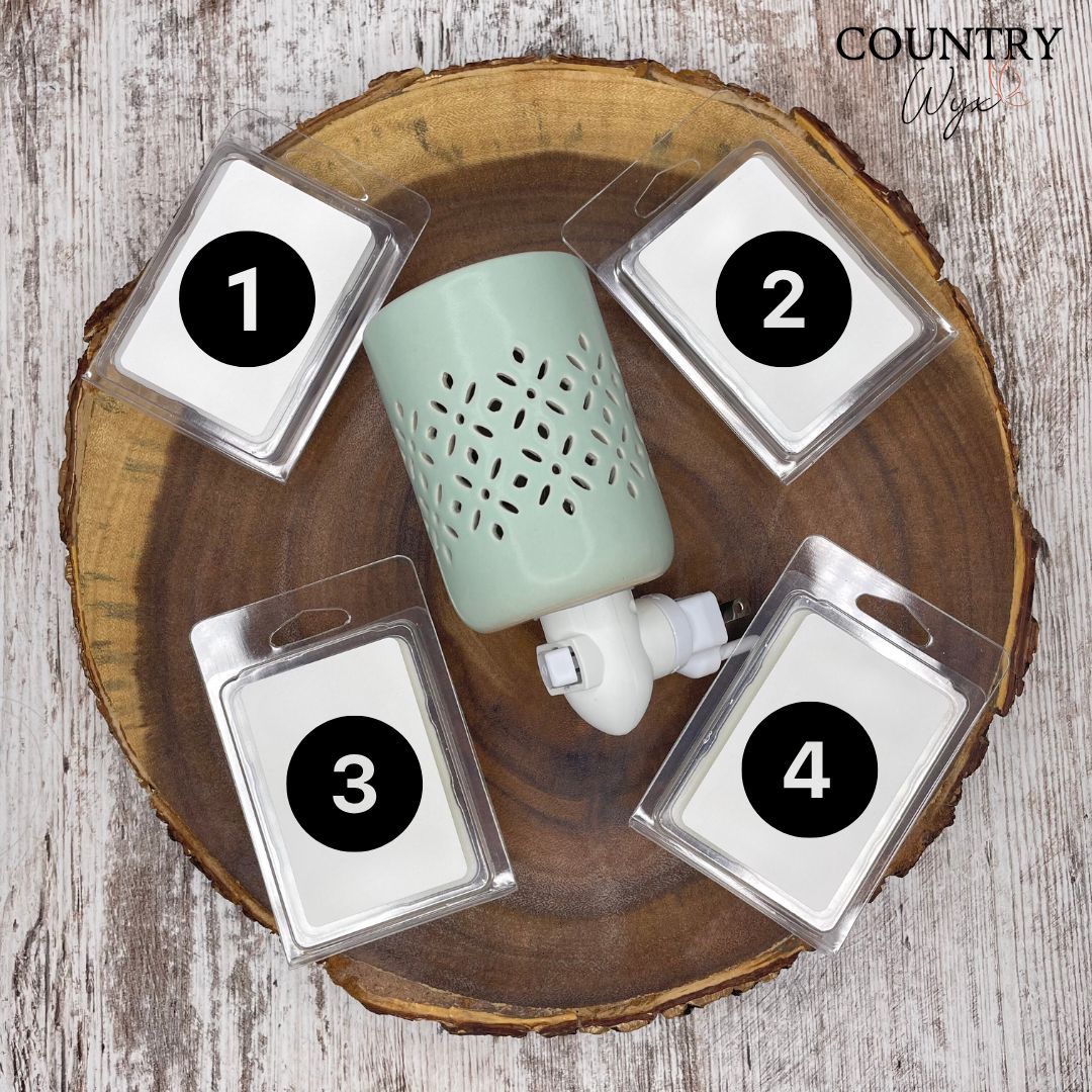 A pluggable wax warmer in soft mint color surrounded by four clear containers with wax melts inside, numbered 1 to 4.