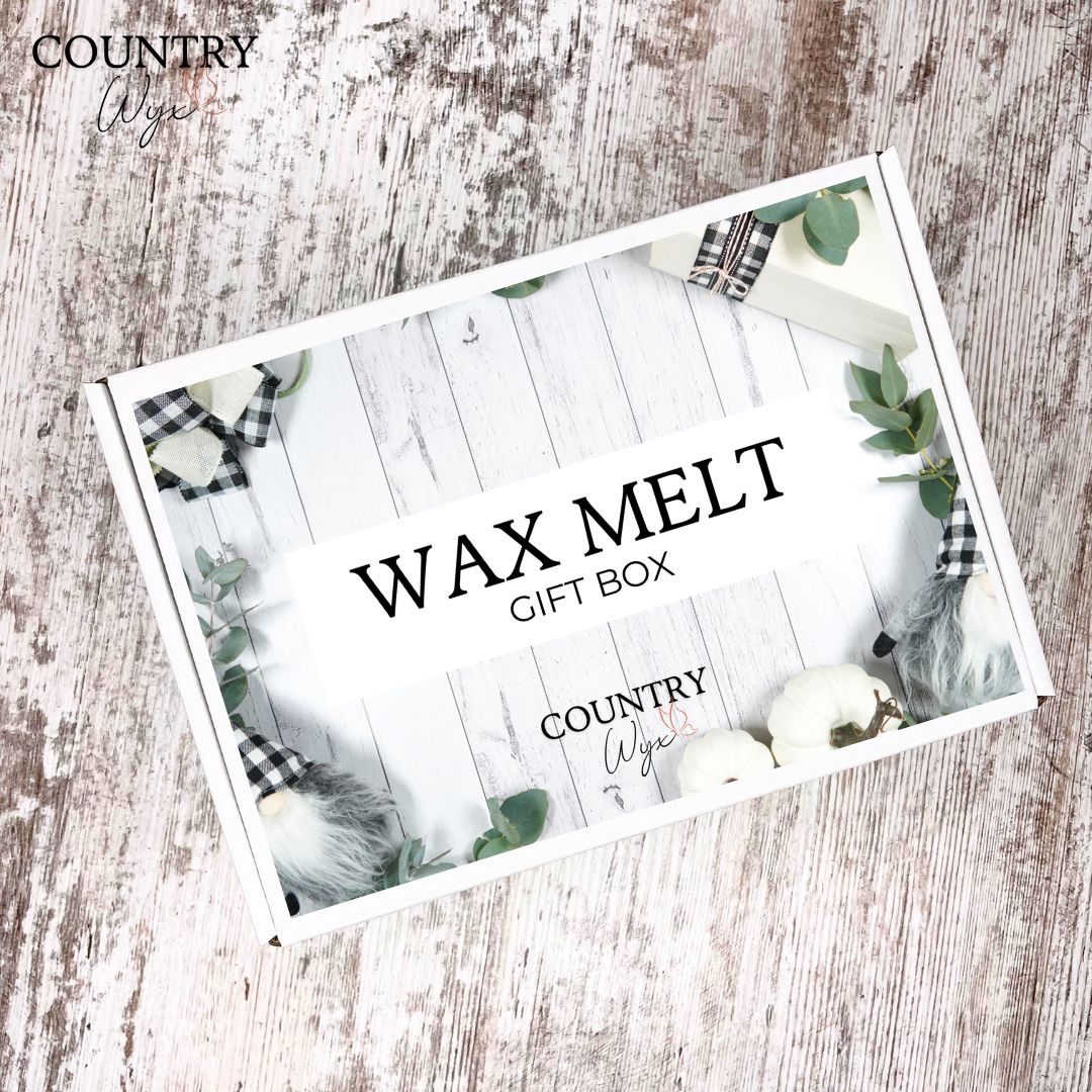 Wax Melt Gift Box packaging with 'Country Wyx Candles' branding on a wooden surface.