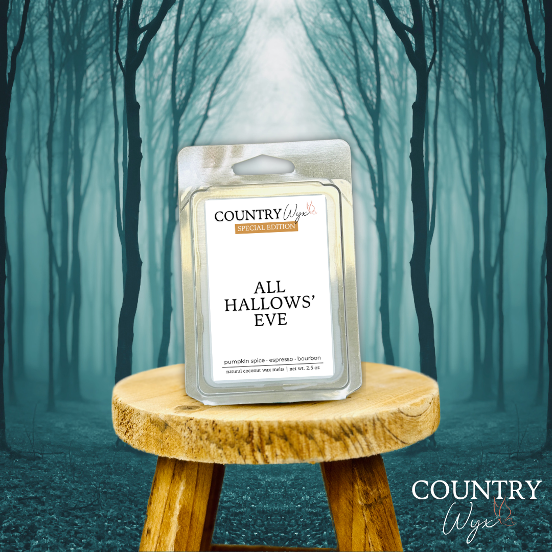 All Hallows' Eve wax melt by Country Wyx on a wooden stool with a spooky forest background
