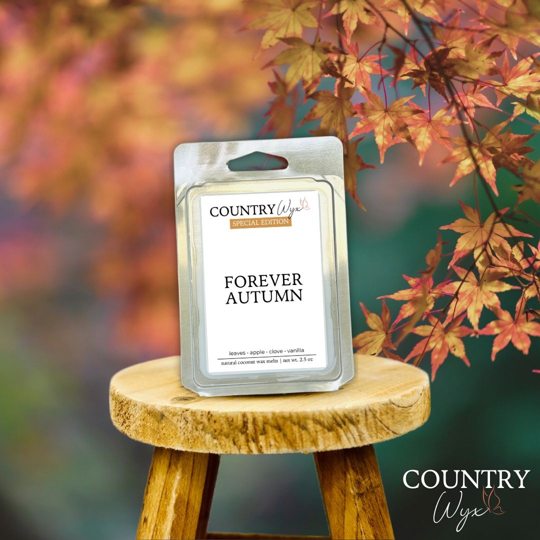 Forever Autumn wax melt on a wooden stool with autumn leaves in the background